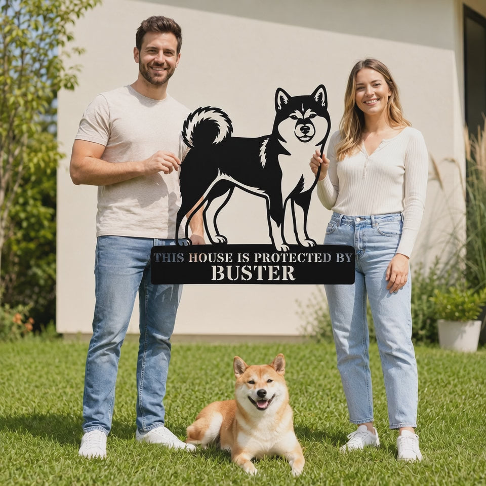 Personalized Shiba Inu Guard Metal Sign. Custom Dog Protect Name Wall Decor