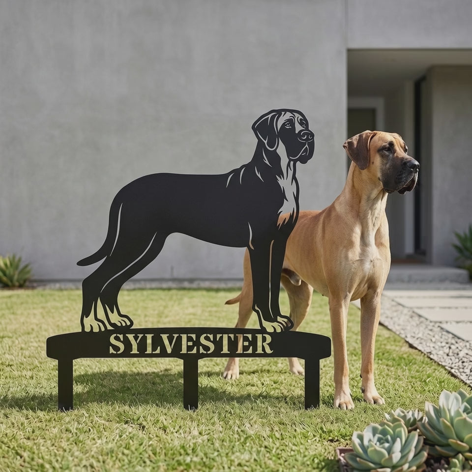Personalized Granddanois Garden Metal Sign With Stakes. Custom Dog Lover Name Gift