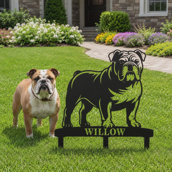 Personalized English Bulldog Garden Metal Sign With Stakes. Custom Dog Lover Name Gift
