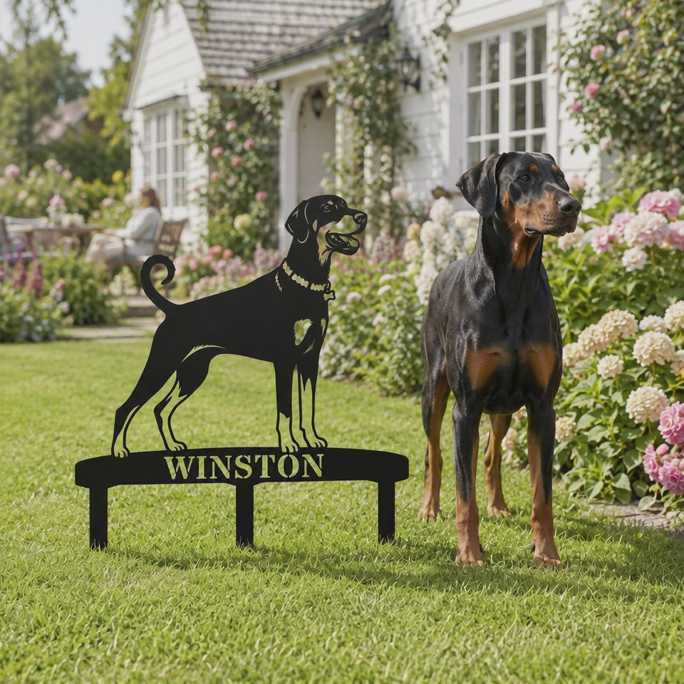 Personalized Dobermann Garden Metal Sign With Stakes. Custom Dog Lover Name Gift