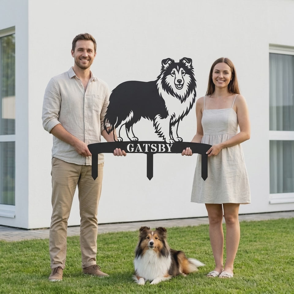 Personalized Shetland Sheepdog Garden Metal Sign With Stakes. Custom Dog Plaque Name Gift
