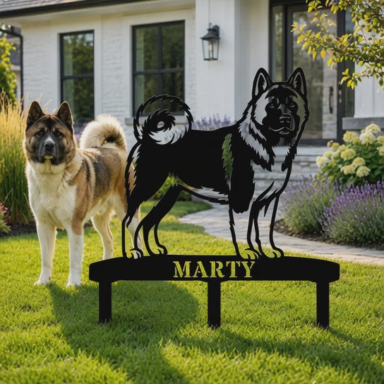 Personalized American Akita Garden Metal Sign With Stakes Custom Dog Name Gift