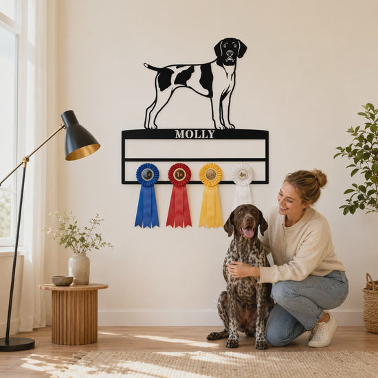 Personalized German Shorthaired Pointer Rosette Name Metal Sign. Custom Dog Champion Ribbon Display