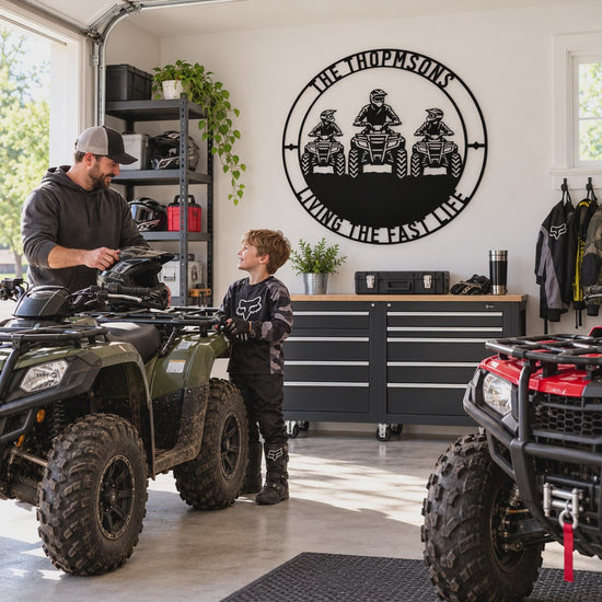 Personalized Father And Two Sons ATV Metal Sign. Custom Quadbike Father's Day And Birthday Gift