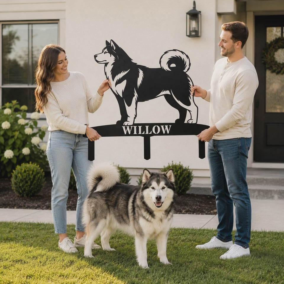 Personalized Alaskan Malamute Garden Metal Sign With Stakes. Custom Dog Name Gift
