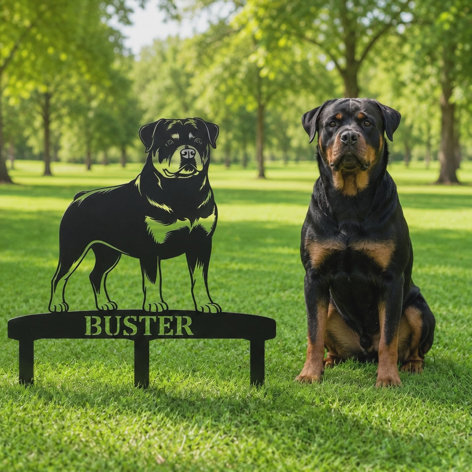 Personalized Rottweiler Garden Metal Sign With Stakes. Custom Dog Name Remembrance Gift