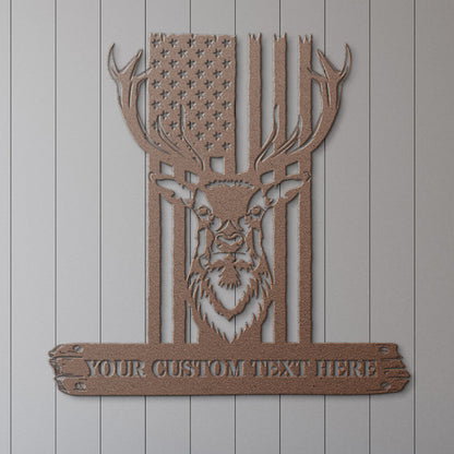 Personalized Deer Head Hunting Metal Sign. Customizable US Hunter Wall Decor Gift. Patriotic Gift To Deer Hunter. American Deer Hunter Gift