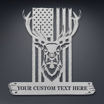 Personalized Deer Head Hunting Metal Sign. Customizable US Hunter Wall Decor Gift. Patriotic Gift To Deer Hunter. American Deer Hunter Gift