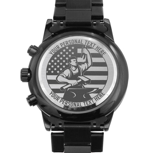 Personalized Laser-Engraved American Blacksmith Wristwatch. Custom Ironworker Name Jewelry Gift. Patriotic US Metalworker. Unique Jewelry