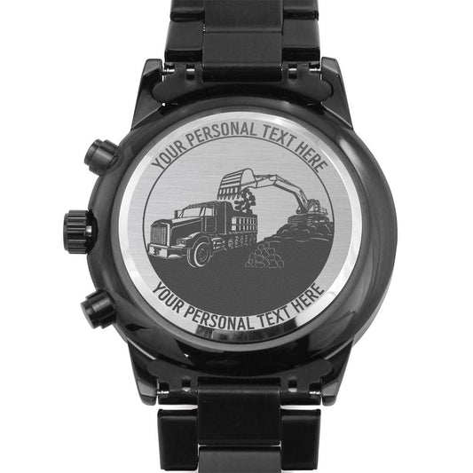 Personalized Laser-Engraved Excavator Loading Truck Metal Wristwatch. Custom Construction Worker Mens Gift. Machine Operator Wristwatch Gift