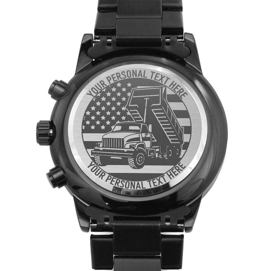 Personalized Laser-Engraved US Dumptruck Metal Wristwatch. Custom American Truck Driver Watch Gift. Patriotic US Trucker. Lorry Driver Gift