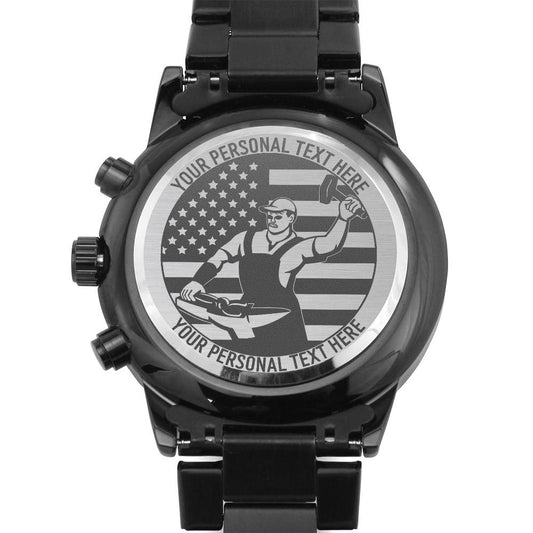 Personalized Laser-Engraved American Ironworker Wristwatch. Custom US Blacksmith Name Jewelry Gift. Patriotic US Metalworker. Unique Jewelry