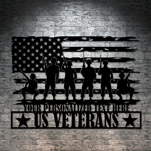 Personalized US Veterans Flag Metal Sign Gift, Army Wall Art Portrait, American Veteran Flag, Custom Veteran Wall Hanging. Home Of The Free