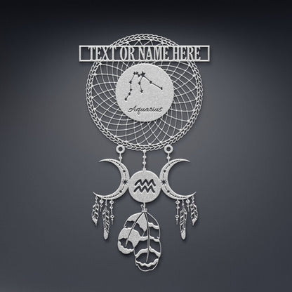 Personalized Aquarius Zodiac Dreamcatcher Black Metal Sign With Your Custom Text