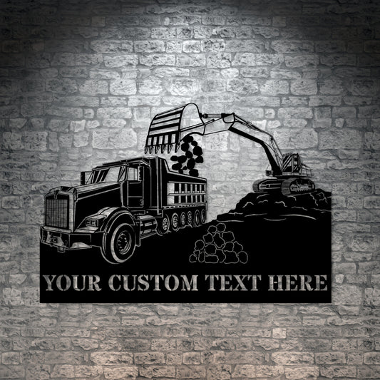 Excavator Loading Truck Personalized Metal Sign With Your Custom Text, Excavater Operater Gift, Truck Driver Wall Decor, Machine Operator