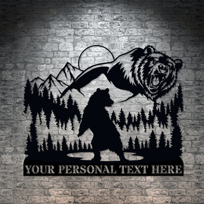 Personalized Nature Bear Roaring In Wilderness Black Metal Sign With Your Custom Text
