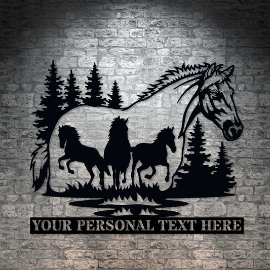 Personalized Nature Wildlife Horses Silhouette Black Metal Sign With Custom Text