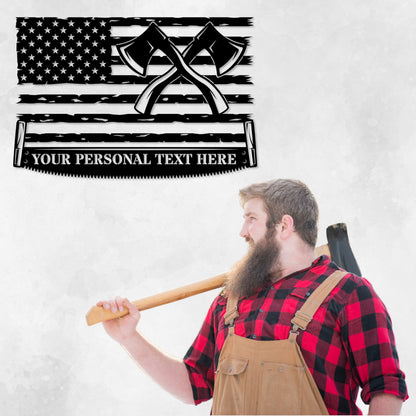 Personalized American Lumberjack Name Metal Sign Gift. Custom US Lumberjack Wall Decor Hanging. Patriotic Woodworker Monogram. American Flag