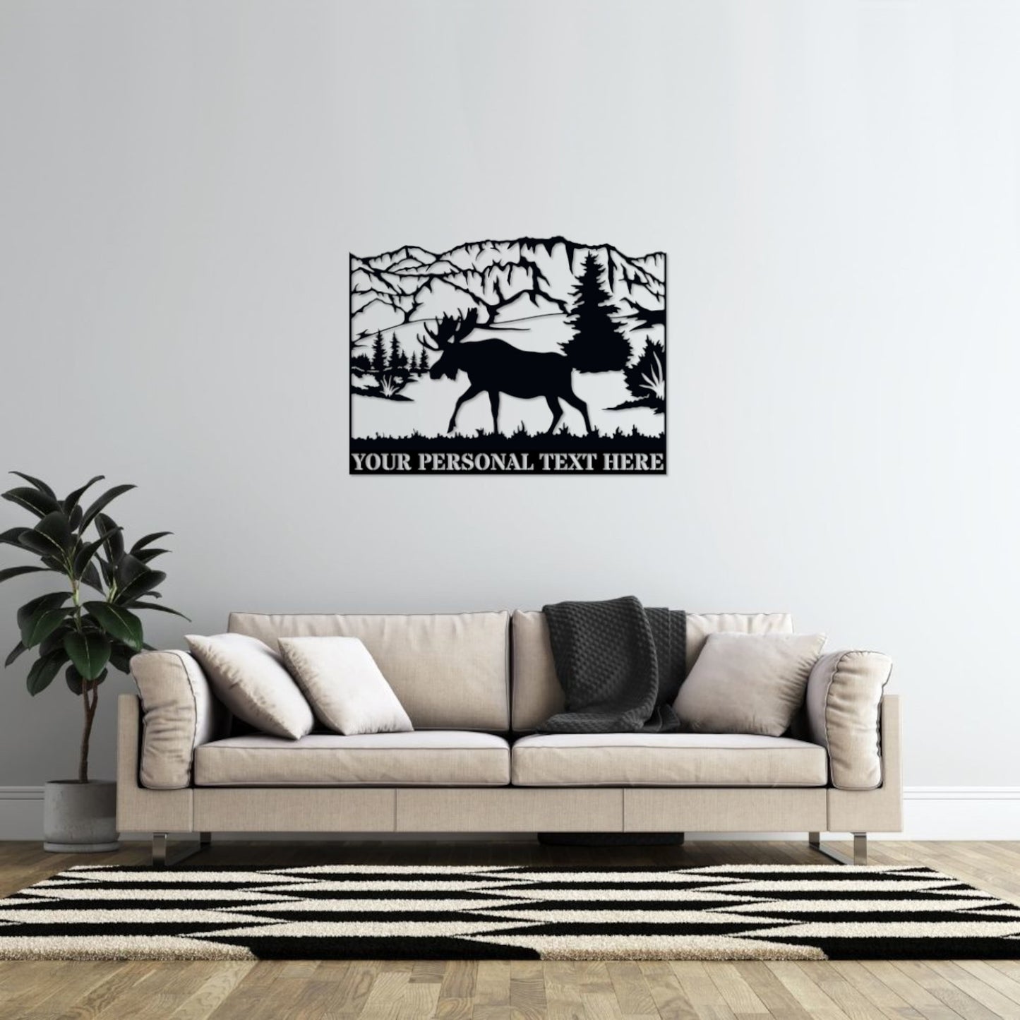 30 Inch Personalized Moose In The Mountains Name Metal Sign Decor In Black With Custom Text