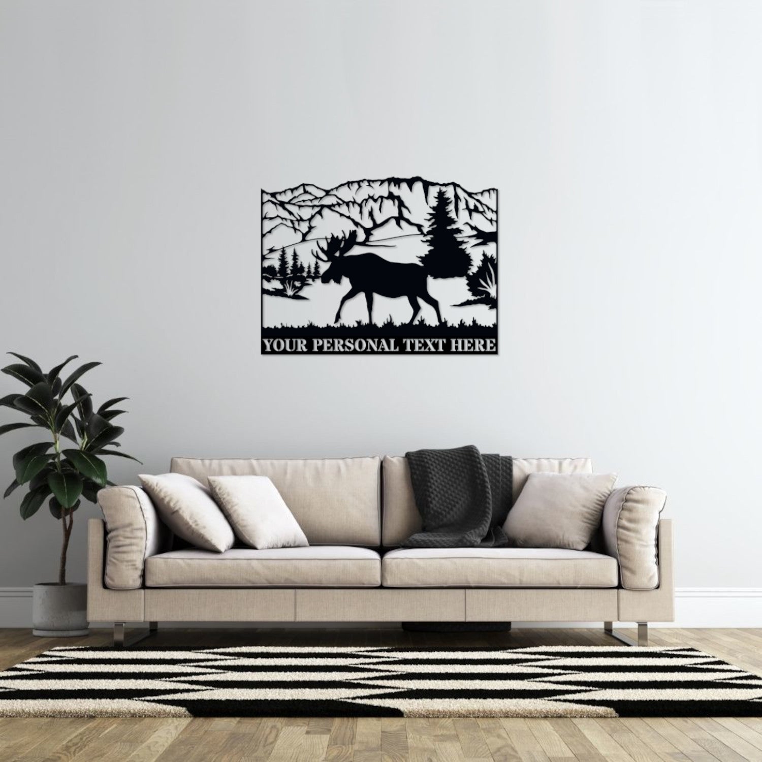 30 Inch Personalized Moose In The Mountains Name Metal Sign Decor In Black With Custom Text