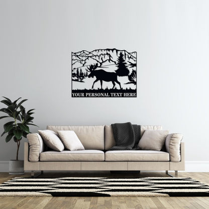 30 Inch Personalized Moose In The Mountains Name Metal Sign Decor In Black With Custom Text