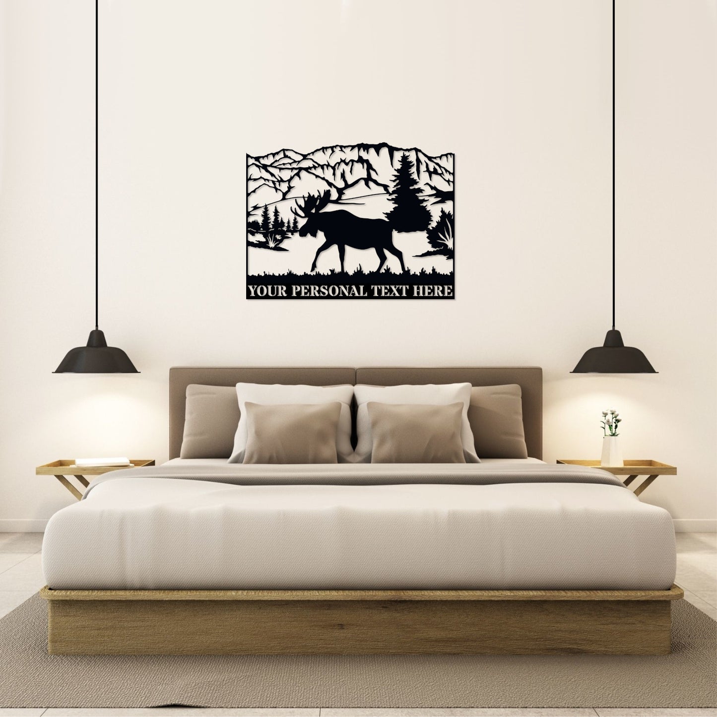 36 Inch Personalized Moose In The Mountains Name Metal Sign Decor In Black With Custom Text