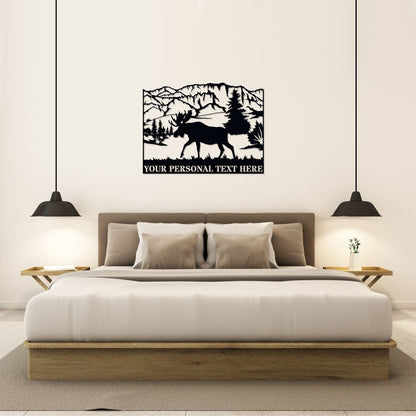 36 Inch Personalized Moose In The Mountains Name Metal Sign Decor In Black With Custom Text