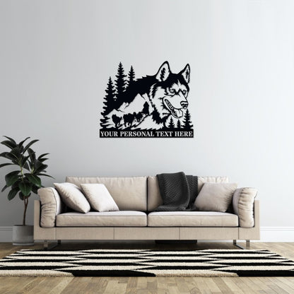 Personalized Husky Sled Dog Portrait Name Metal Sign. Custom Husky Wall Decor Gift. Nature Landscape Design. Mountains Custom Text Monogram