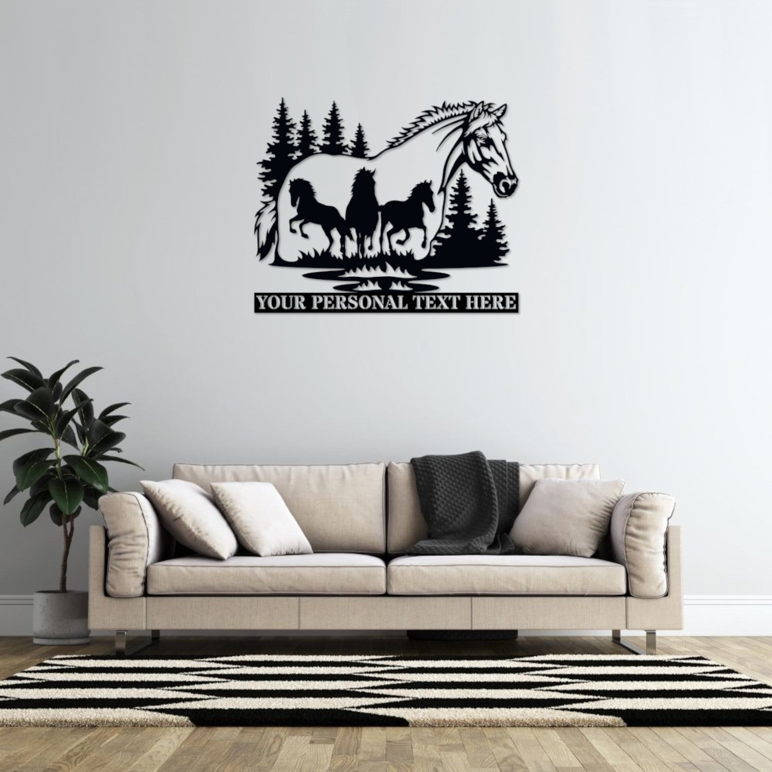 Personalized Nature Wildlife Horses Silhouette Black Metal Sign With Custom Text