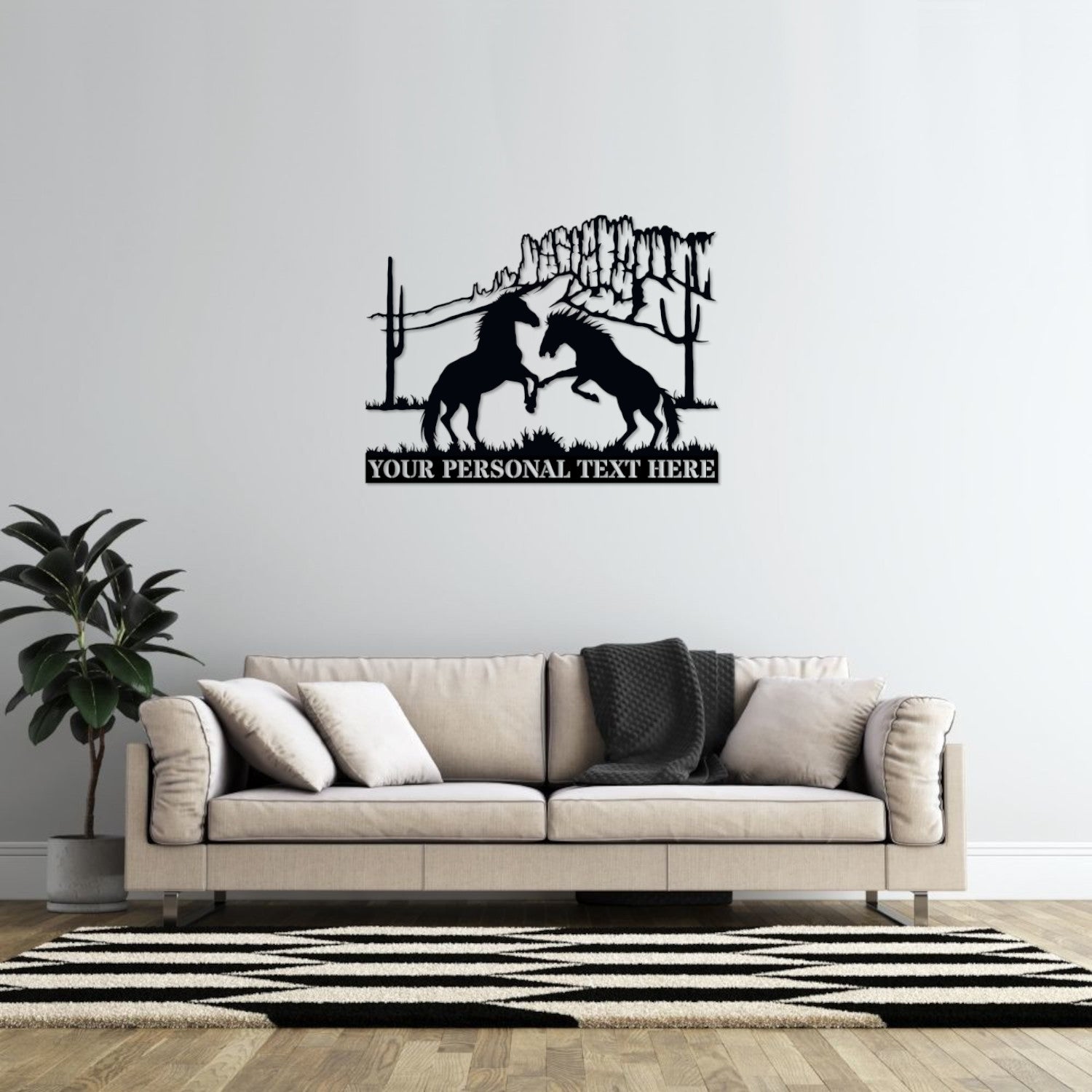 Personalized Nature Wildlife Horses Playing Black Metal Sign With Custom Text