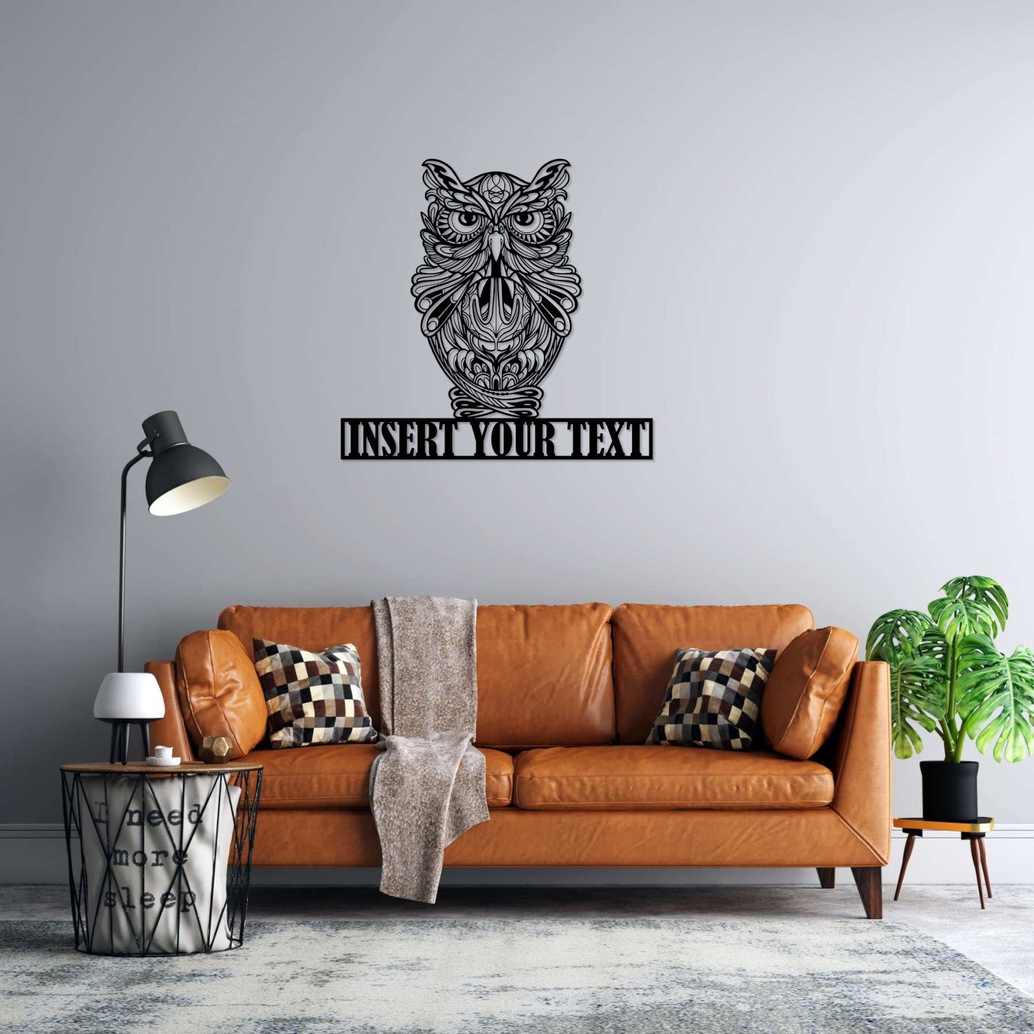 Owl Mandala Personalized Black Metal Wall Sign With Your Custom Name