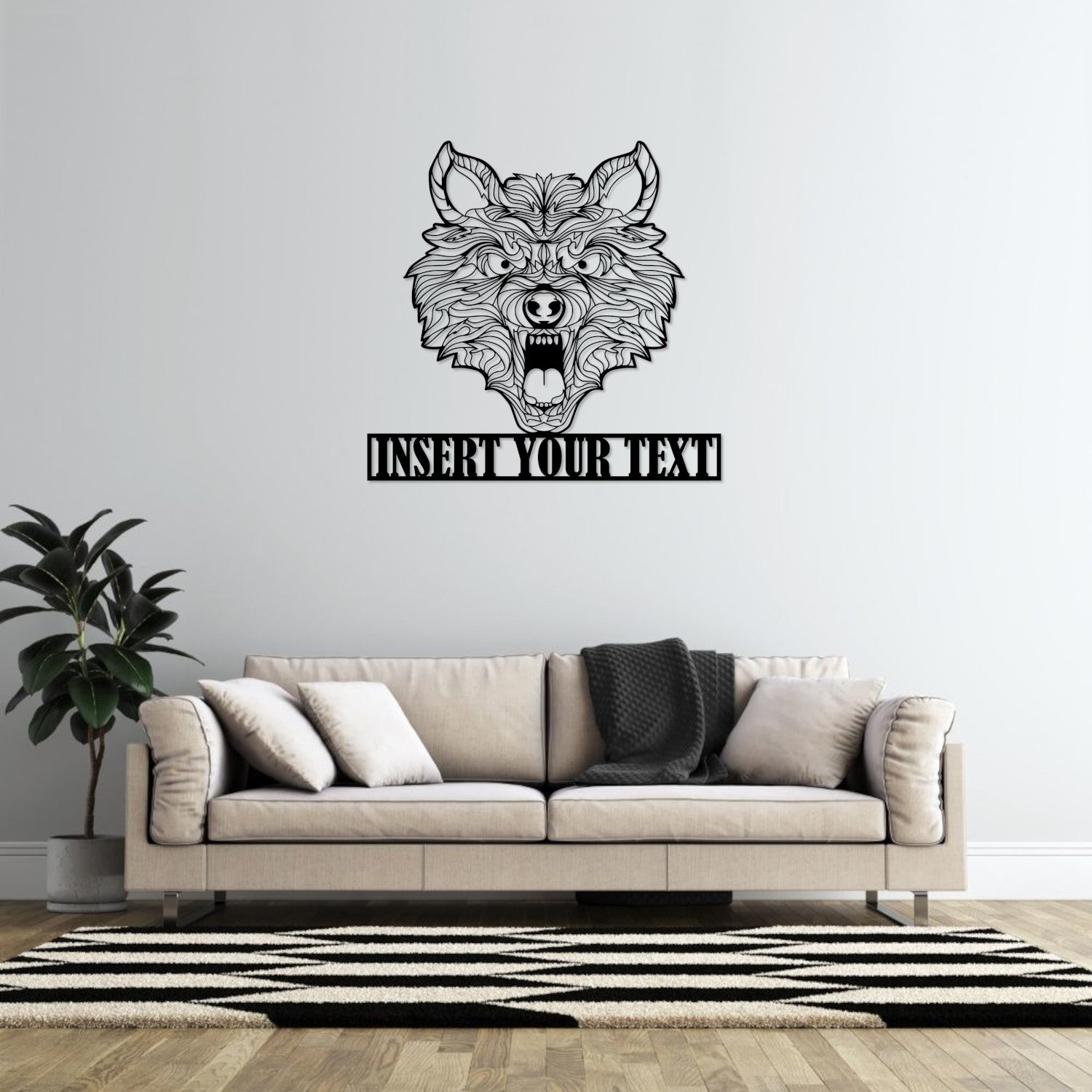 Personalized wolf head mandala name black metal sign