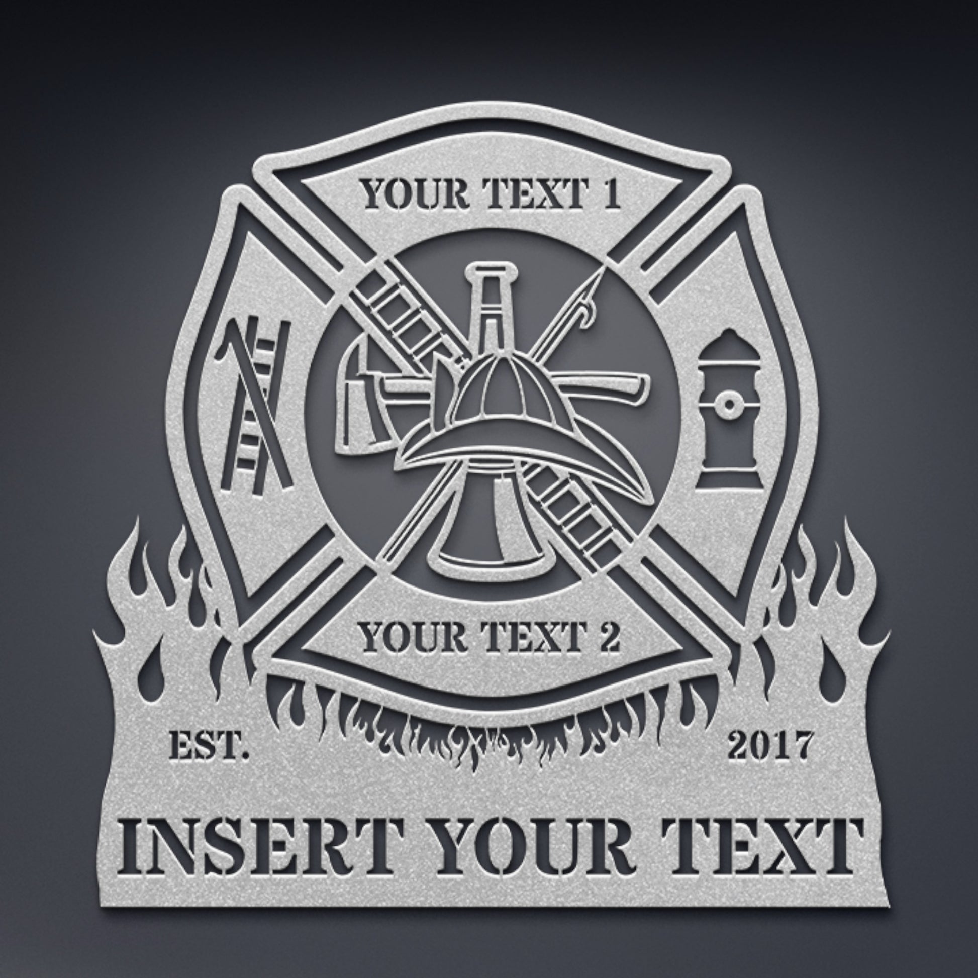 Firefighter Personalized Maltese Cross Black Metal Sign With Your Custom Text