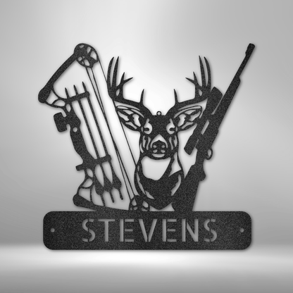Great personalized deer hunter bow & rifle steel sign gift.