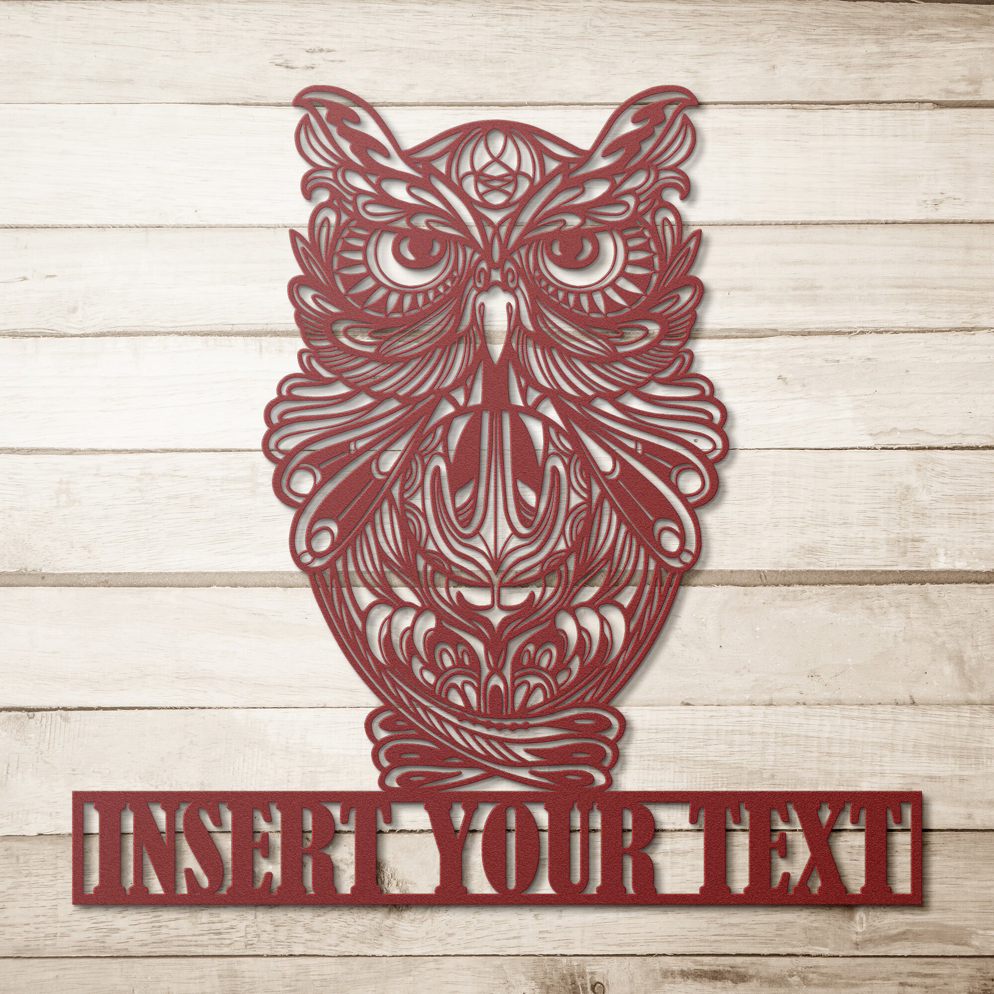 Owl Mandala Personalized Red Metal Wall Sign With Your Custom Name
