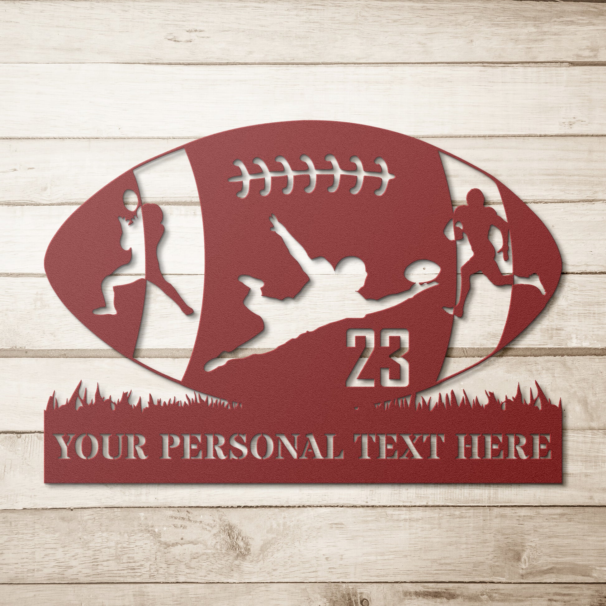 Personalized American football silhouette red metal sign with your custom name and number