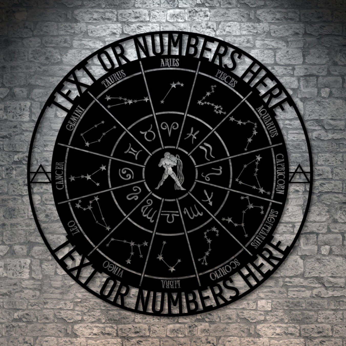 Personalized Aquarius Zodiac Wheel Metal Sign Decor In Black With Custom Text