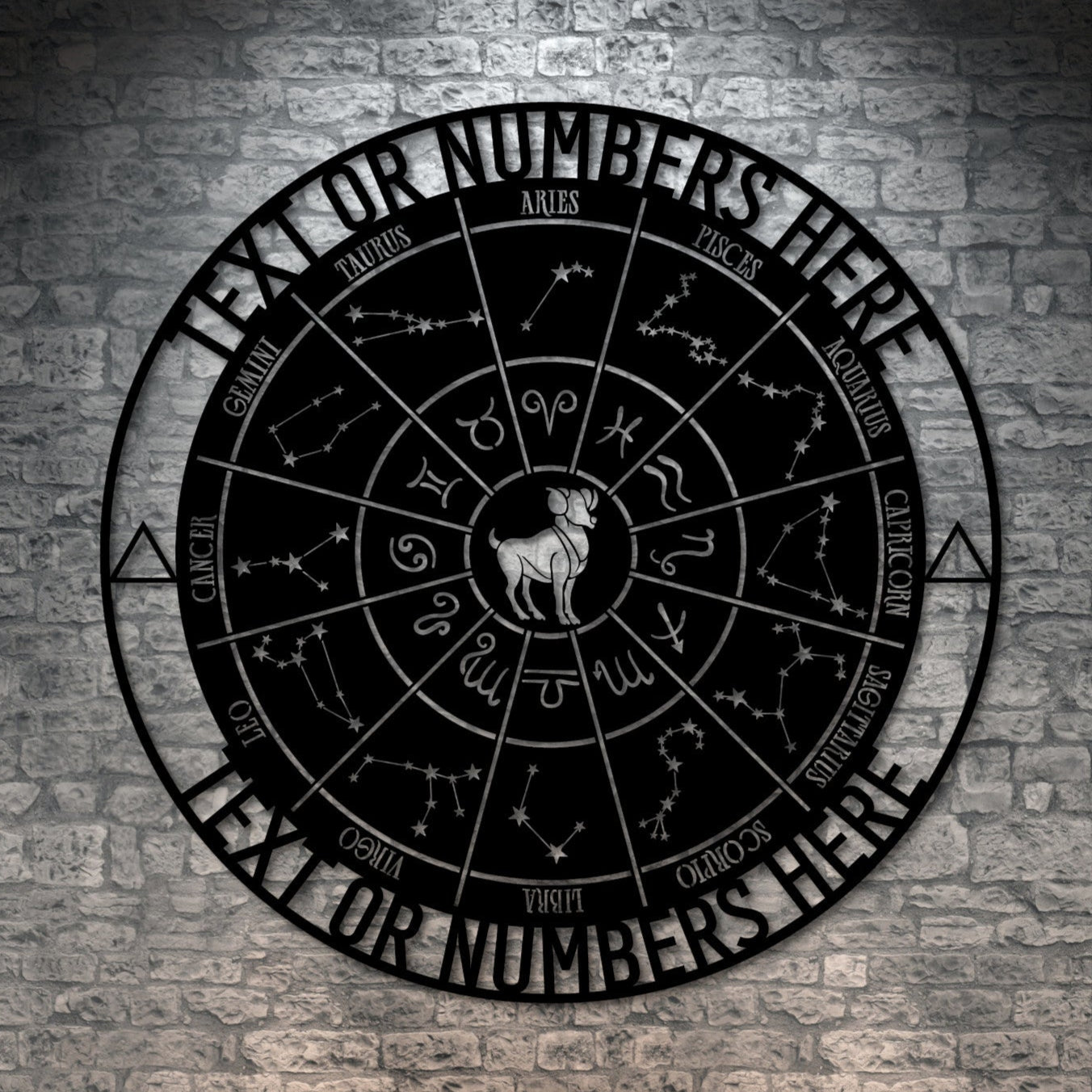 Personalized Aries Zodiac Wheel Metal Sign Decor In Black With Custom Tet