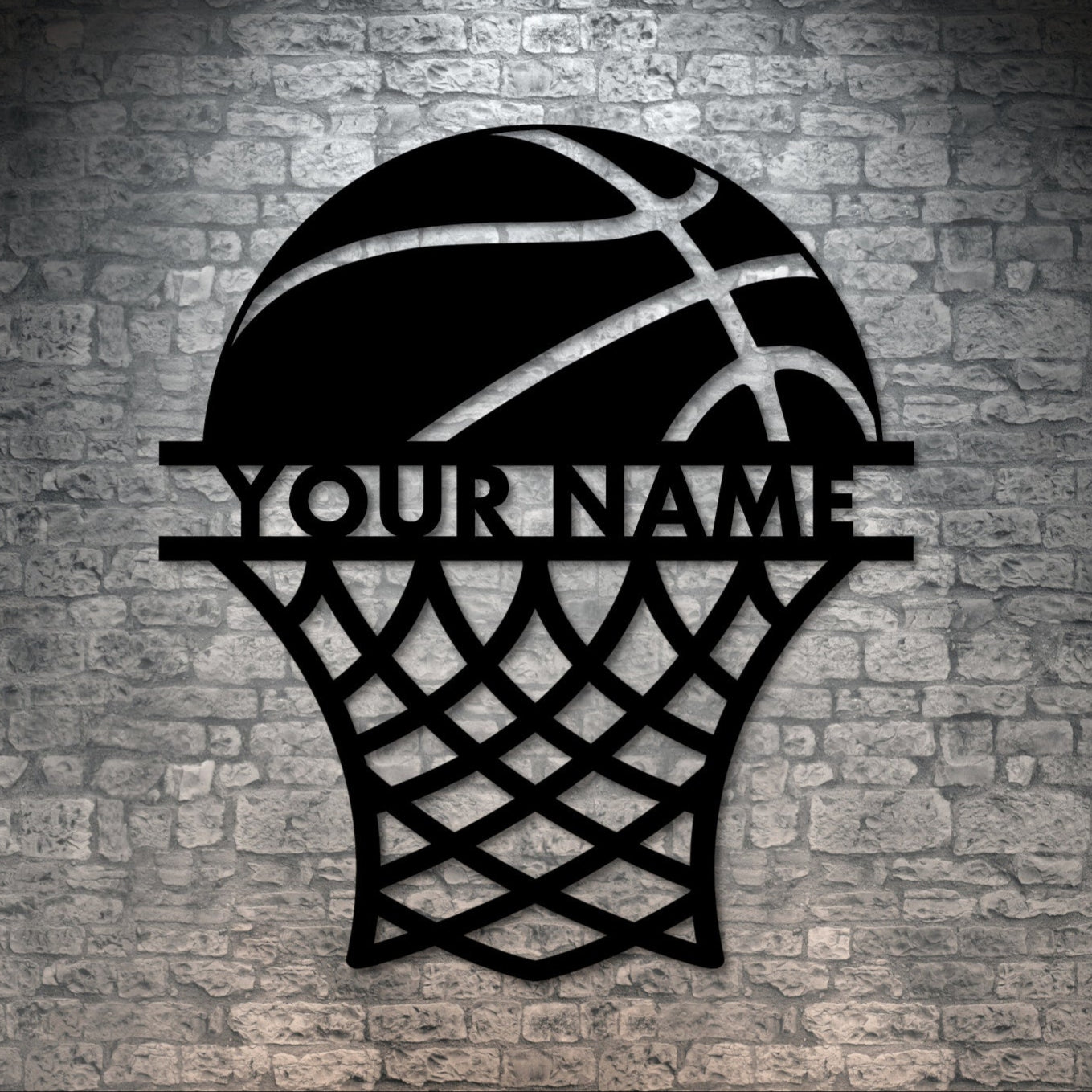 Personalized Basketball And Net Name Metal Sign Decor In Black With Custom Text