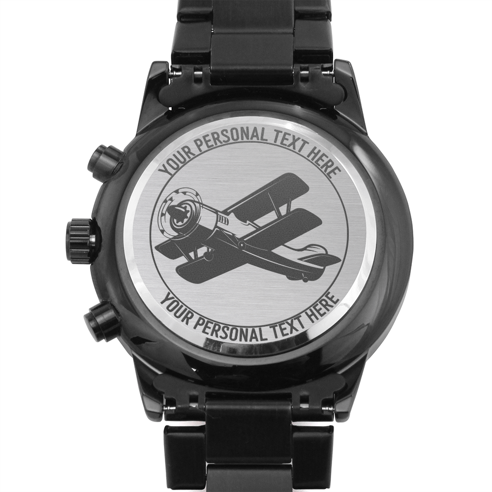 Personalized Biplane Pilot Engraved Men's Metal Watch With Custom Text And Gift Box