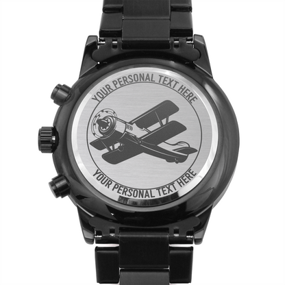 Personalized Biplane Pilot Engraved Men's Metal Watch With Custom Text And Gift Box