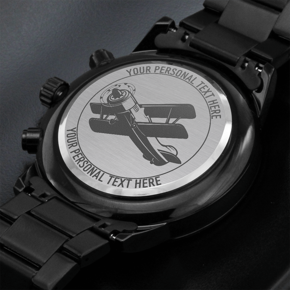 Personalized Biplane Pilot Engraved Men's Metal Watch With Custom Text And Gift Box 2