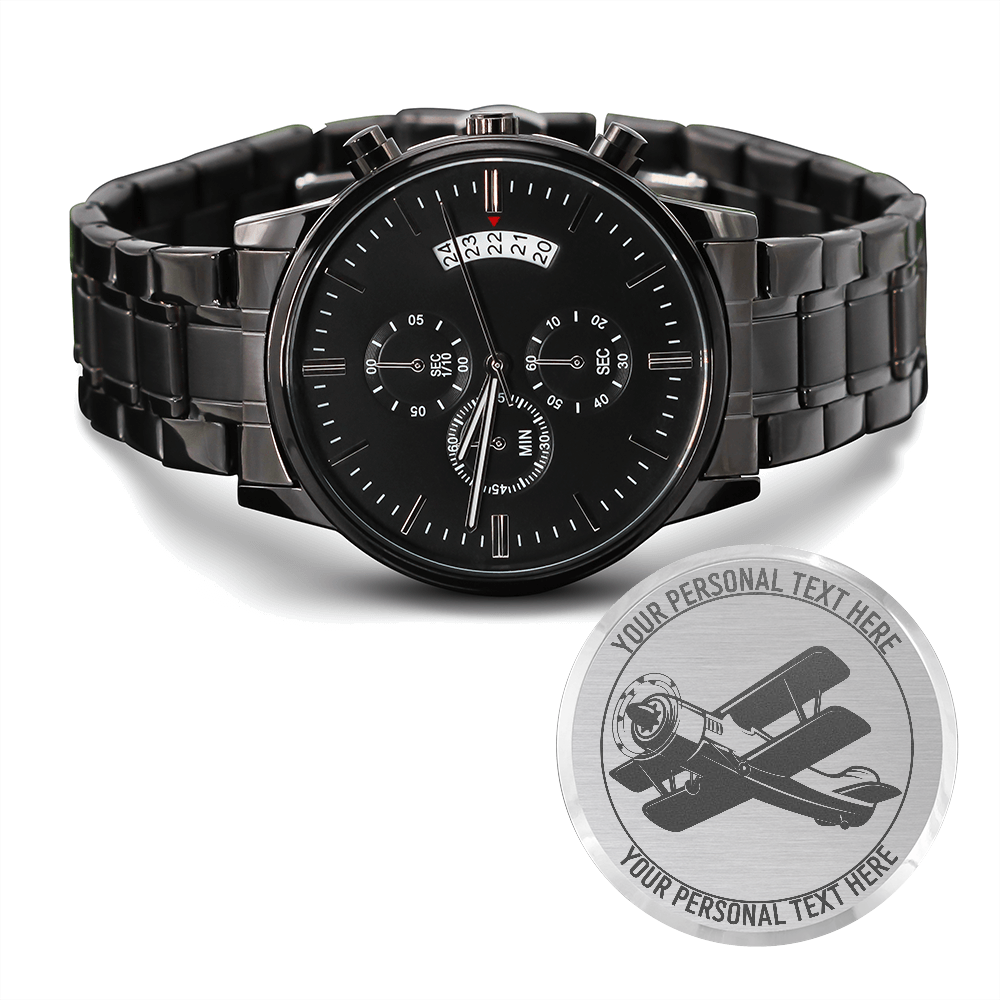 Personalized Biplane Pilot Engraved Men's Metal Watch With Custom Text And Gift Box 3
