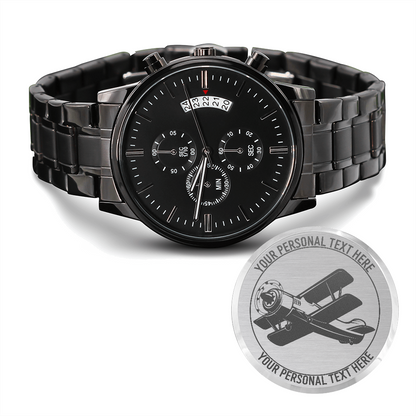 Personalized Biplane Pilot Engraved Men's Metal Watch With Custom Text And Gift Box 3