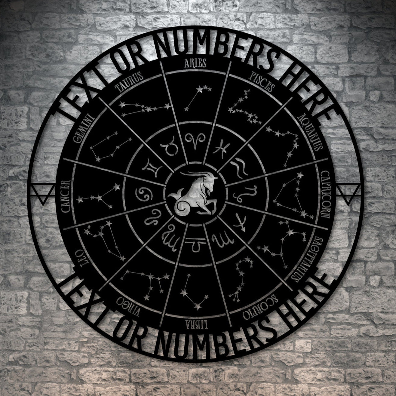 Personalized Capricorn Zodiac Wheel Metal Sign Decor In Black ith Custom Text