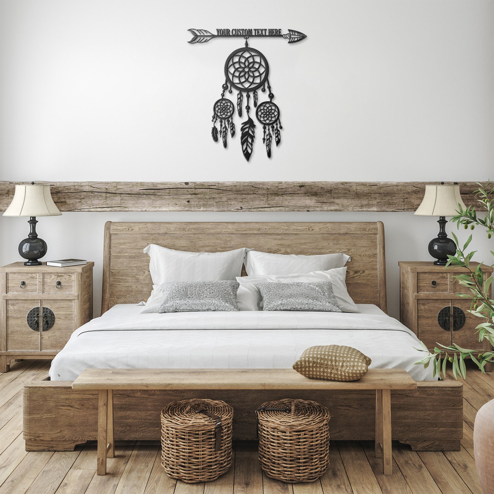 Personalized dreamcatcher with feathers and custom text black metal sign