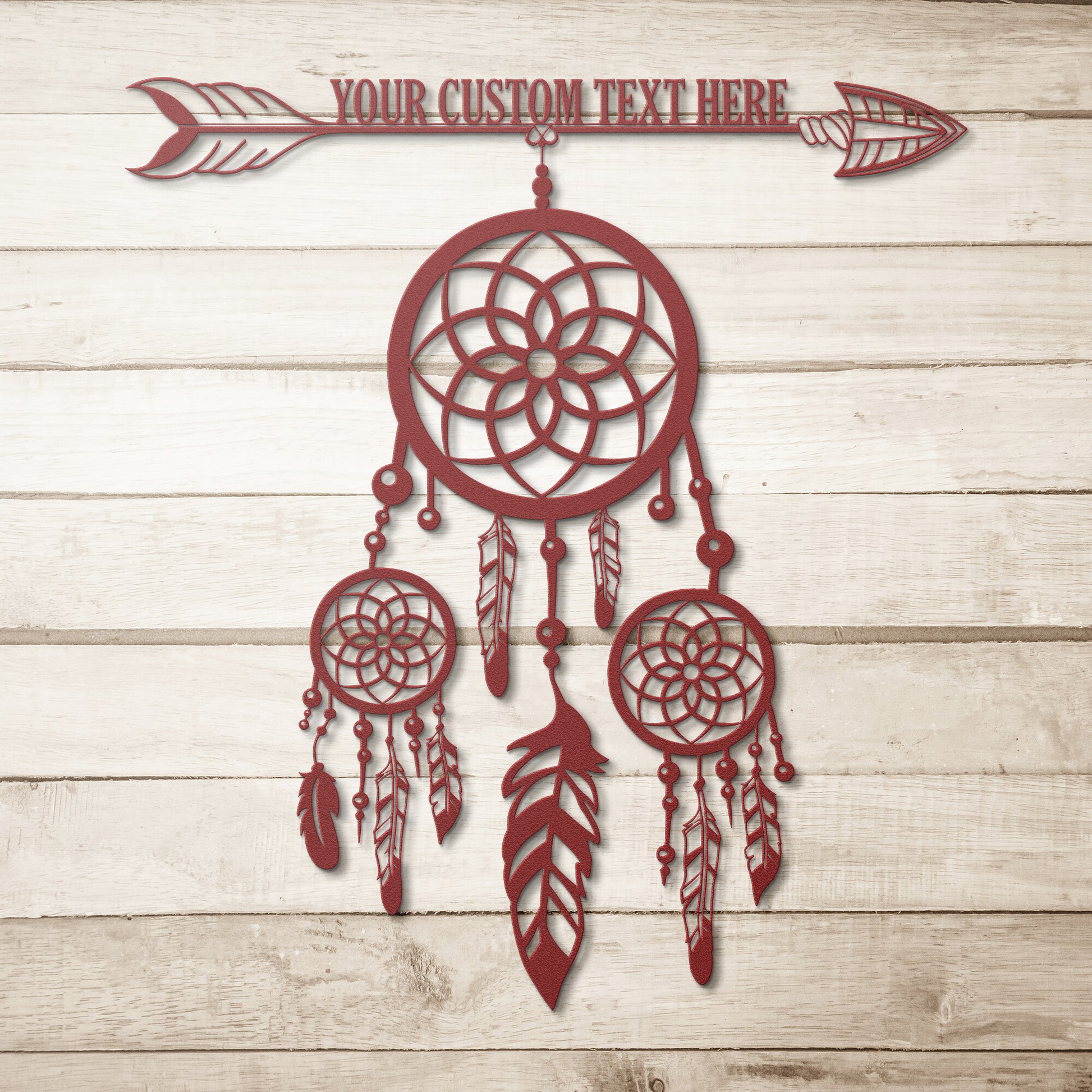 Personalized dreamcatcher with feathers and custom text black metal sign