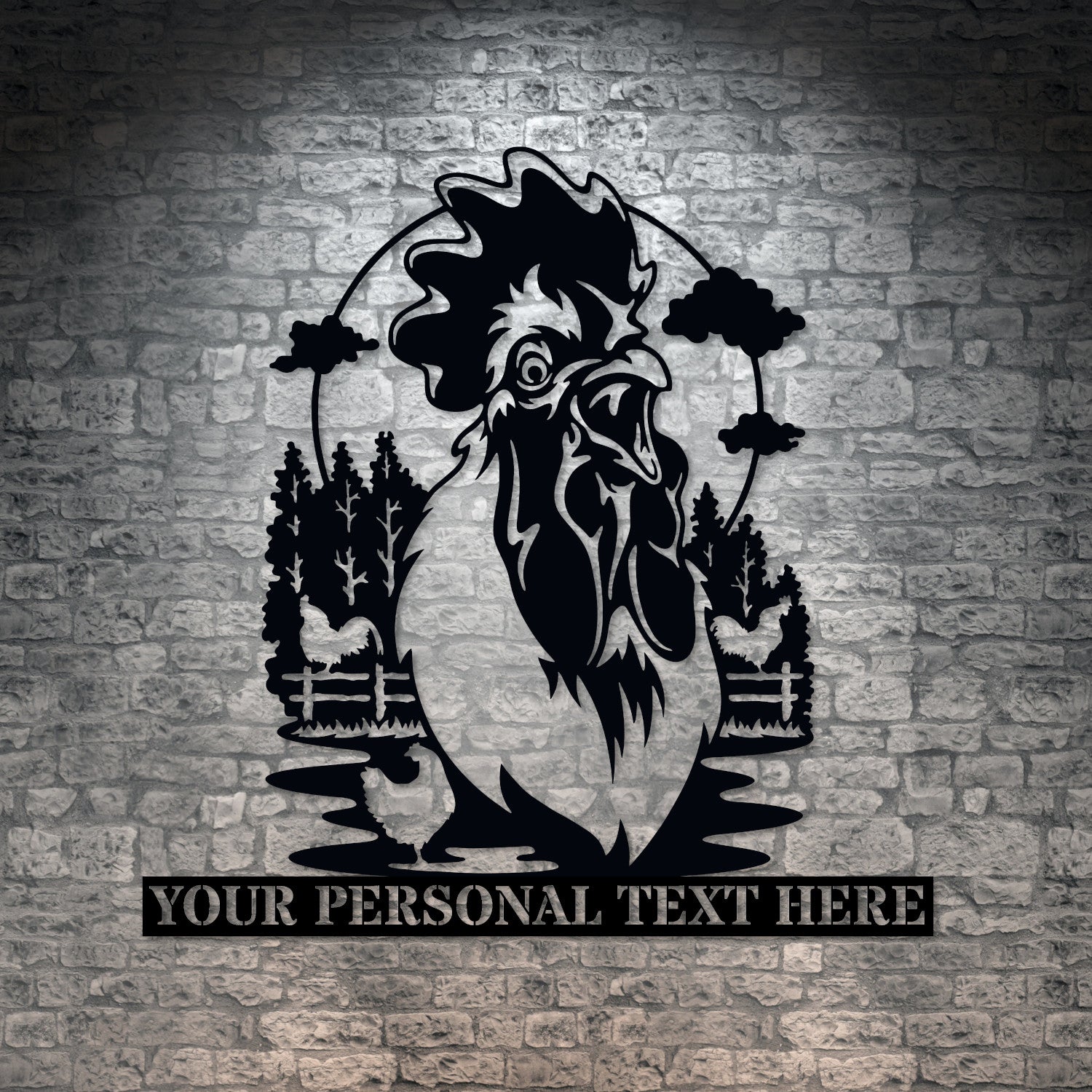 Personalized Farm Ranch Rooster Name Metal Sign Decor In Black With Custom Text