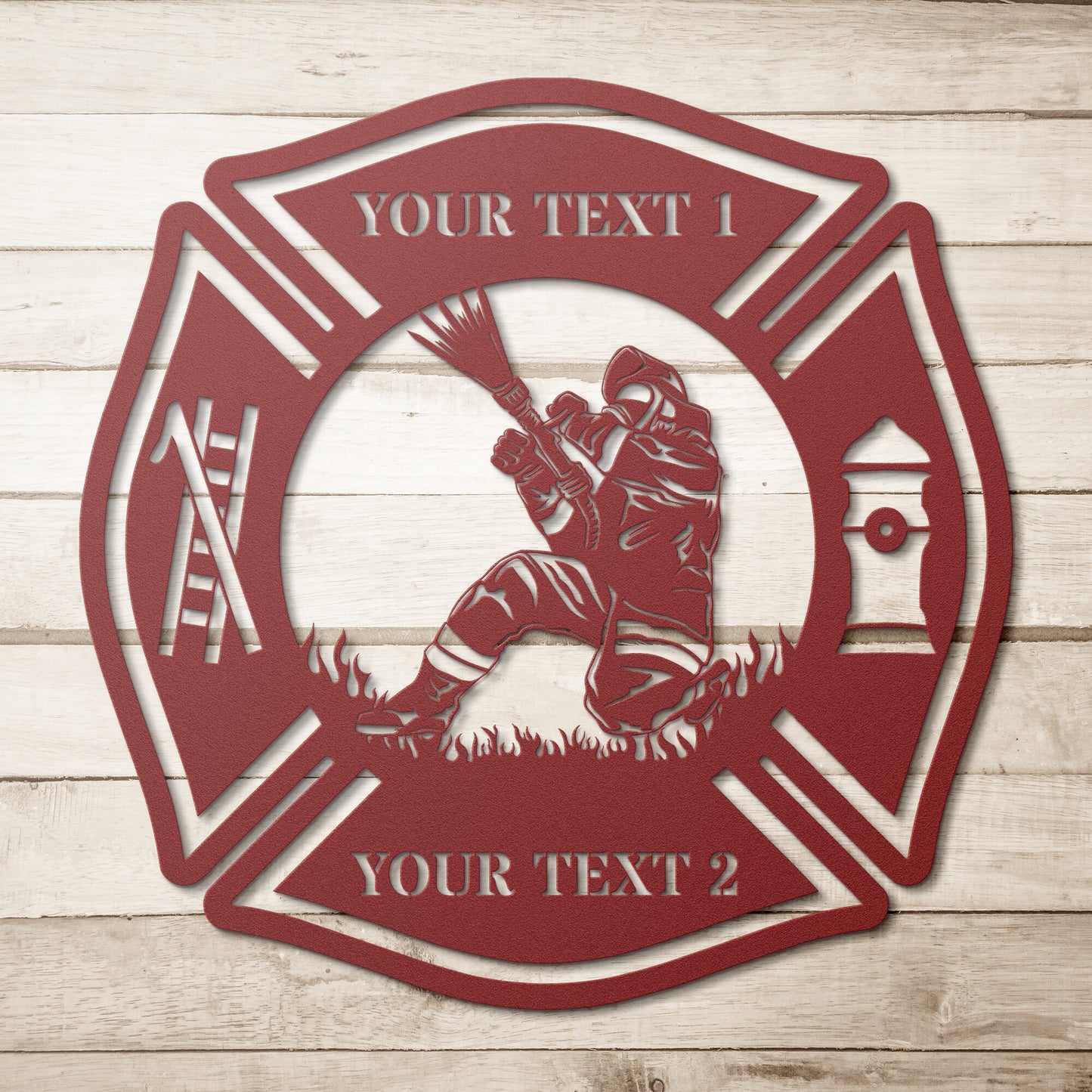 Personalized Firefighter In Flames Maltese Cross Red Metal Sign Gift. Fire Department Custom Steel Sign Wall Decor