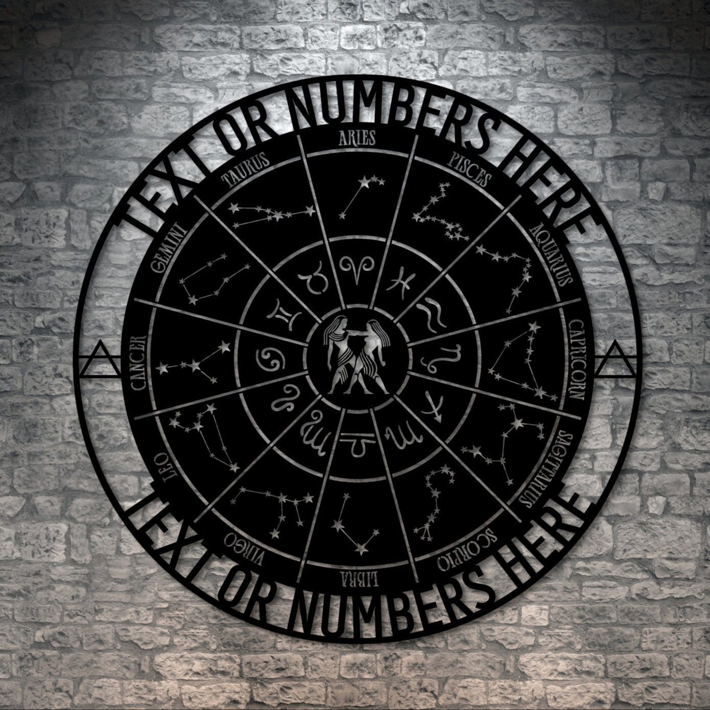 Personalized Gemini Zodiac Wheel Metal Sign Decor In Black With Custom Text